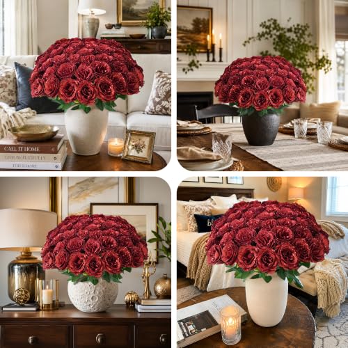 Image of 30 PCS Red Roses Artificial Flowers, Fake Glitter Roses with Stem Realistic Silk Roses for Wedding Bouquets Table Centerpieces Arrangements Baby Shower Home Decor Anniversary Birthday Gift for Her