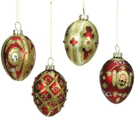 Set of 4 Red & Gold Glass Egg Christmas Decorations (7cm)