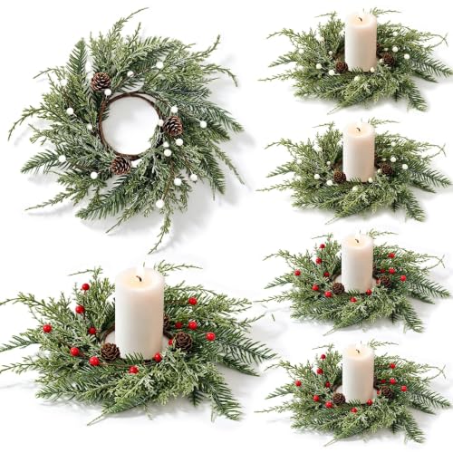 Image of 6 Pcs Christmas Berry Candle Ring Wreaths