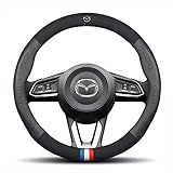 KADOO マツダ ステアリングカバー ハンドルカバー ホイールカバー　アテンザ CX-3/CX-4//CX-5/CX-8//アクセラ/デミオ　本革 内装品 高級 牛革 専車ロゴ　スエード牛革 　[並行輸入品] (文字付き, ブラック)