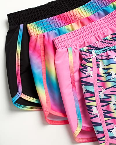 Delia*S Girls' Active Shorts - 4 Pack Athletic Gym Woven Running Shorts With Fanny Pack (7-16), Size 10/12, Pink/Unicorn/Black/Tie-Dye #TOP2