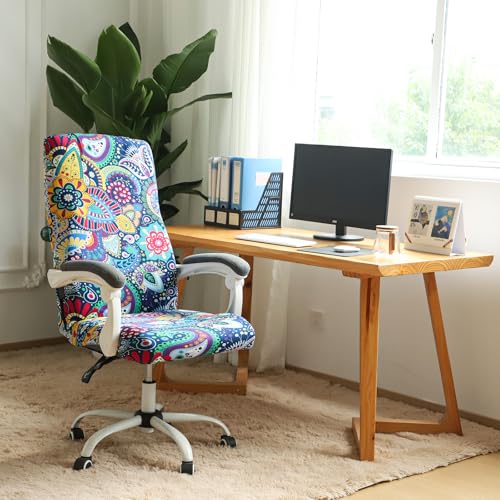 Image of FORCHEER Large Office Chair Cover Stretchable Boho Printed Computer Chair Cover Armrest Office Desk Chair Slipcover Washable Durable