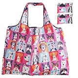 Paquete de 2 bolsas de viaje grandes, plegables, reutilizables, lavables, para compras, playa, piscina, asas largas, bolsa plegable, tela de nailon, perros rosados, 001-2 Pack-Cute Pink Dogs, X-Large