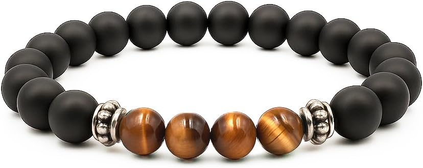 Kartini Studio Natural Stone Bracelet for Men, Gift Idea for Man, Bead Bracelet for Men, Matte Black Onyx and Tiger's Eye Jewelry