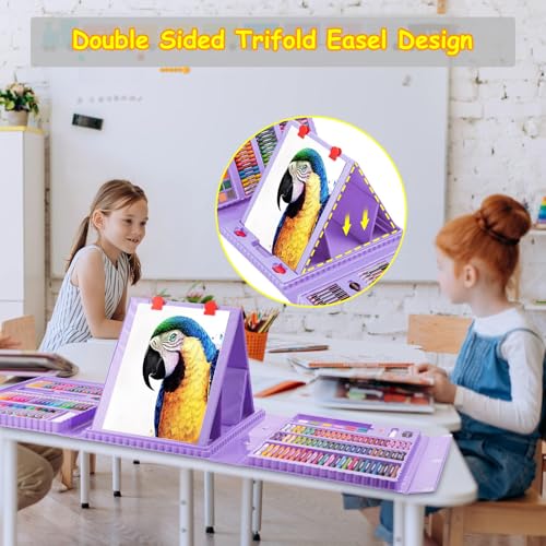 Art Supplies, 272 Pack Art Set Drawing Kit for Girls Boys Teens Artist, Deluxe Gift Art Box with Trifold Easel, Origami Paper, Coloring Pad, Drawing Pad, Pastels, Crayons, Pencils, Watercolors(Purple)