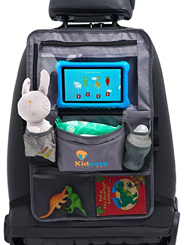 Kidease Travel Gear Car Back Seat Organiser and Kick Mat in Grey Universal Fit Multi Pocket with Built In Touch Screen iPad or Tablet Holder