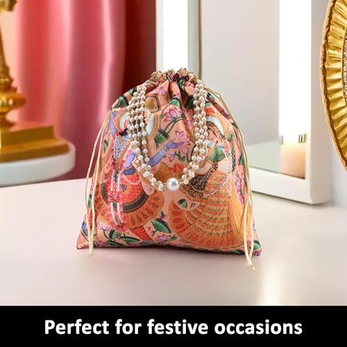 Image of Kuber Industries 2 Pcs Potli Bag For Women & Girls With Pearl Handles | 8x9 Inch Gifting Handbag /Purse - Ideal For Party, Wedding & Events | Radha Krishna Print - Peach & Green