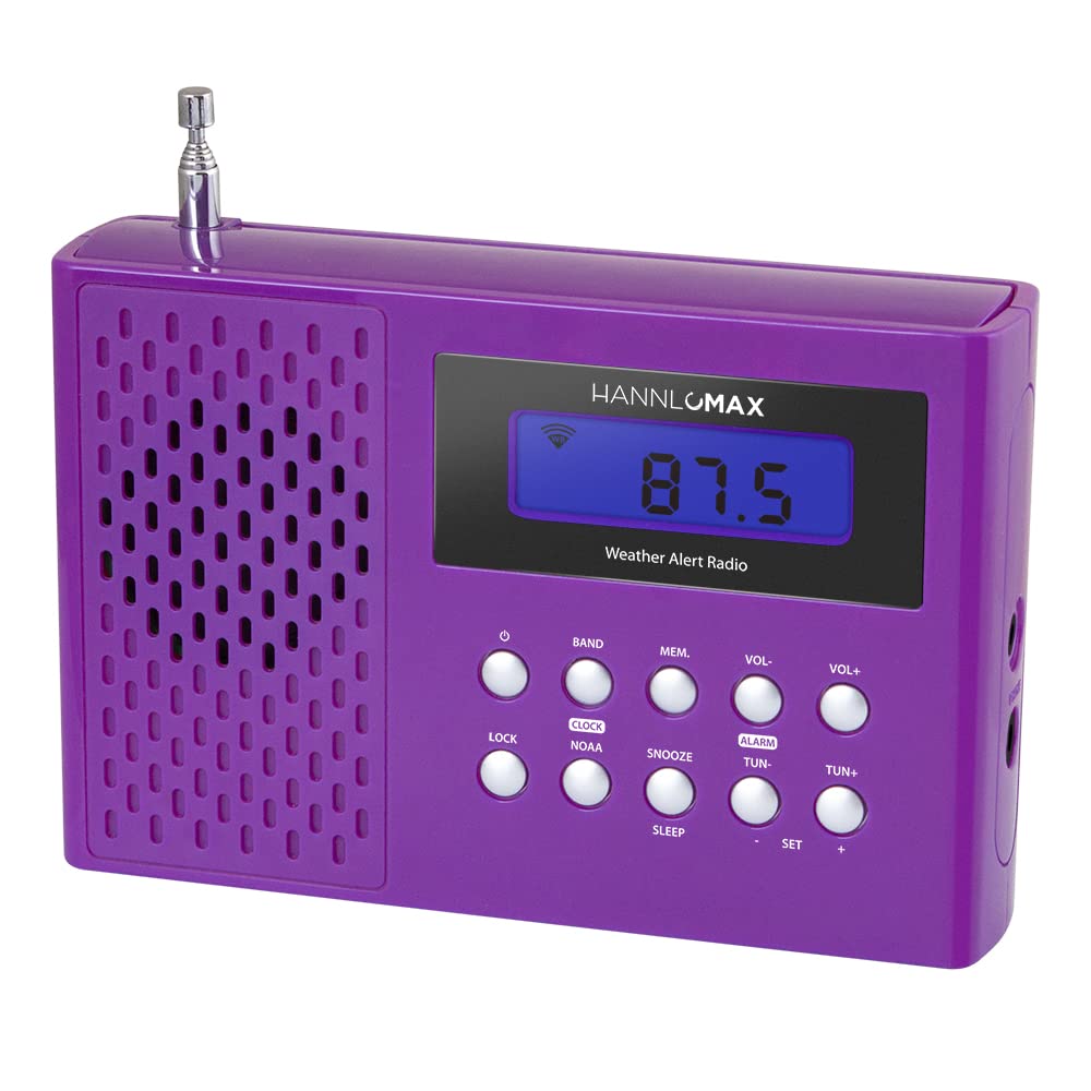 HANNLOMAX HX-512R Portable AM/FM/Weather Alert Radio, Alarm Clock, LCD Display, Headphone Jack, AC/DC Dual Power Source. (Purple)