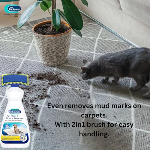Image of Dr. Beckmann Pet Odour & Instant Stain Remover, 650 ml with 2‑in‑1 Brush - Removes Urine, Vomit & Faeces, Oxi‑Power Formula, Orange Scent - Safe for Carpets, Sofa & Car Upholstery