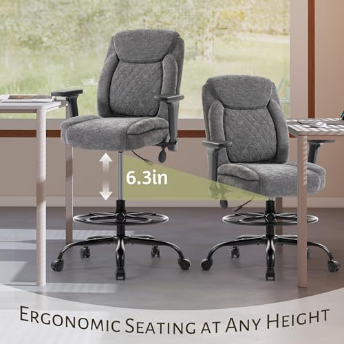 Image of Drafting Chair,Executive Tall Office Chair Flip-up Armrests for Counter Height Desk Drawing Use,High Task Chair with Adjustable Foot Ring &Inflatable Lumbar Support,Swivel Computer Stool, Fabric Grey