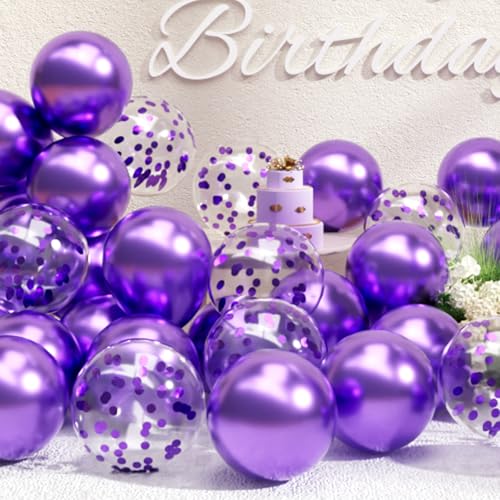 Image of SUWEN Purple Metallic and Confetti Balloons Set 47PCS Dark Purple Latex | Helium Chrome Balloon for Birthday Graduation Anniversary Party Decorations