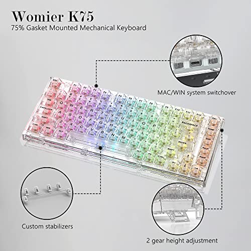 Image of Womier 75% Percent Keyboard, Gasket Mount Mechanical Gaming Keyboard, 82 Keys Wired Custom Key Board RGB Clear Hot Swappable Pre-lubed Switch for Mac /Win (K75 White)