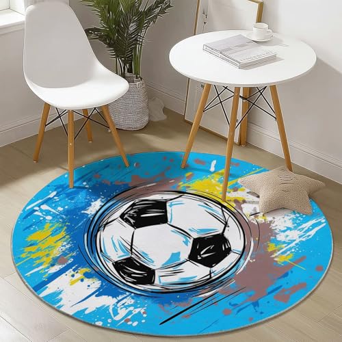 Tapis rond football antidérapant et poils ras bleu et blanc pour déco thématique