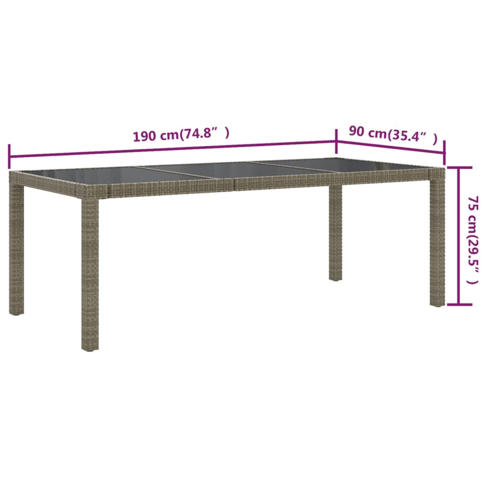 Homgoday Mesa de jardín, mesa de balcón, mesa de terraza, jardín, mesa de comedor, muebles de jardín, balcón, terraza, rectangular, gris, 190 x 90 x 75 cm, cristal templado y ratán sintético