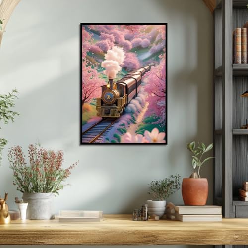 Image of Diamond Art Painting Kits for Adults, Vintage Steam Train 5D Diamond Painting Dots Art Kits for Beginners, Cherry Blossom DIY Full Round Gem Crystal Art Paint by Diamond, Home Wall Decor 12x 16 in