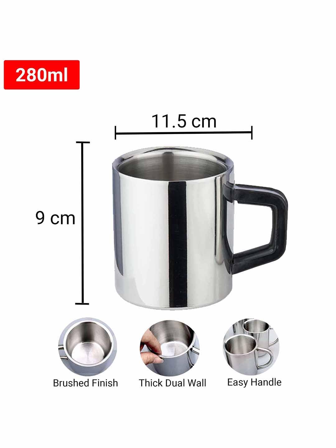 PDDFALCON Stainless Steel Wakeup Bakelight Double Wall Coffee/Tea Mug with Lid, BIS Certified, Jindal Seal & Made in India 280 ml (Silver) (Set of 2) 2
