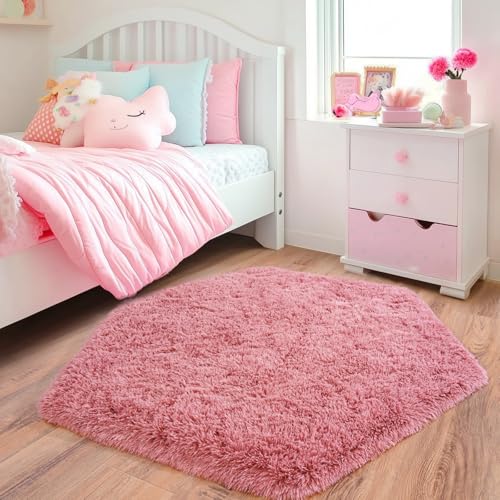 4x4.6 Feet Blush Hexagon Rugs for Princess Tent, Ultra Soft Fluffy Hexagon Area Rug for Bedroom, Cute Shag Rugs for Girls Room, Fuzzy Plush Carpet for Kids Room Tent Castle Home Decor
