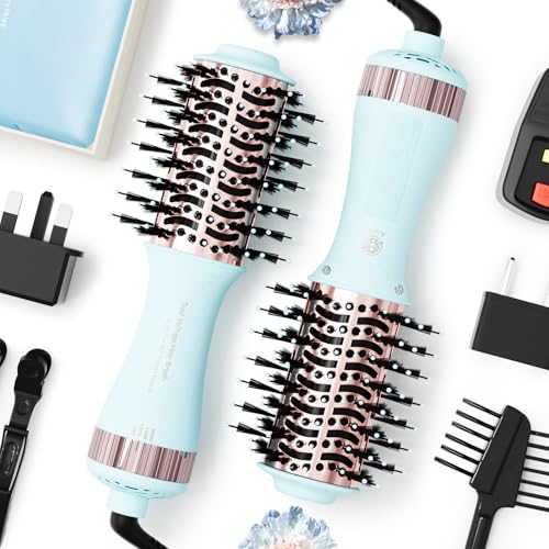 Image of Travel Dual Voltage Hair Dryer Brush 4-in-1 Portable Mini Hot Air Blow Dryer Straightener & Curler Brush, Titanium Round Blowout Styler Volumizer Tools, 110 /240V US /EU /UK -Baby Blue & Rose Gold