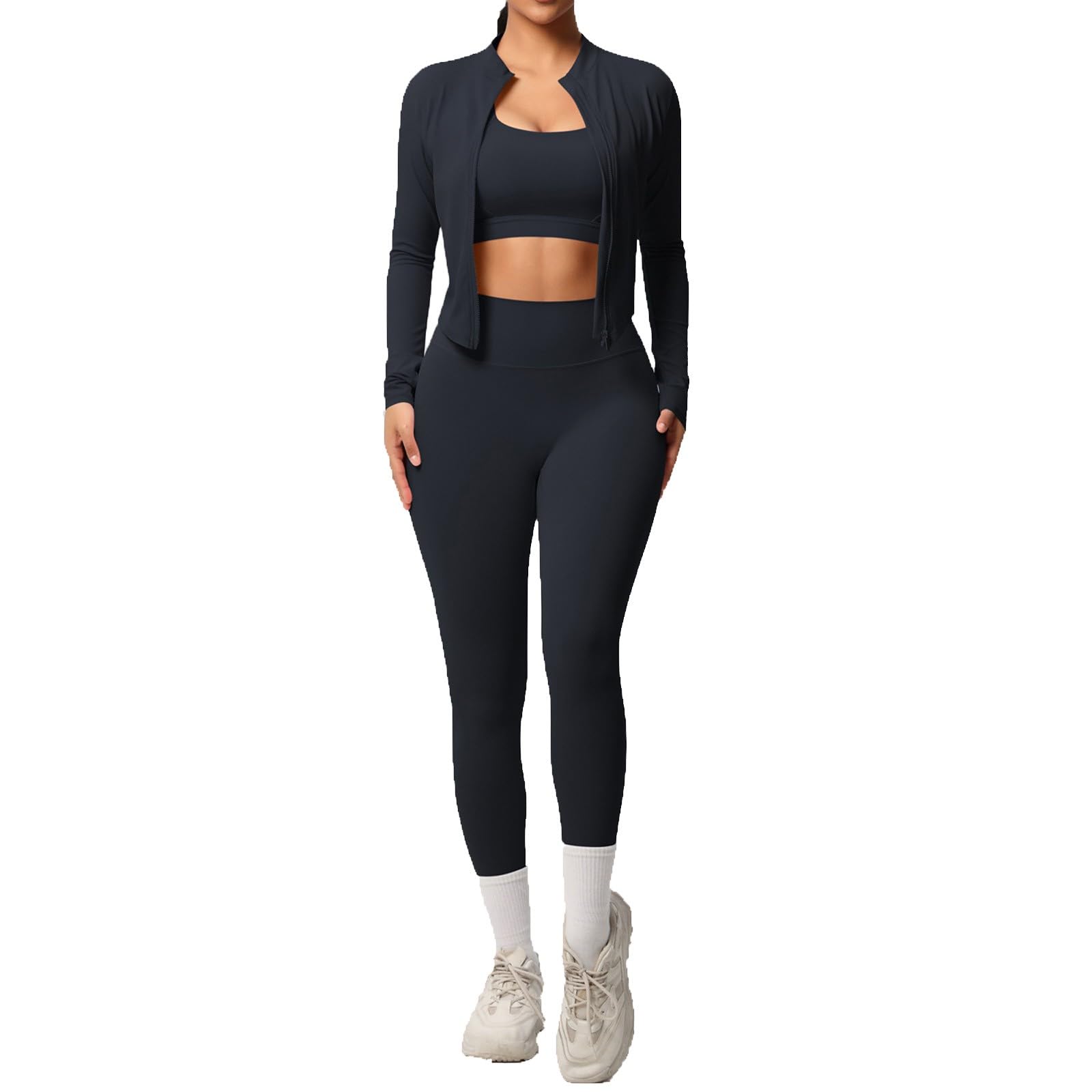 Generico Set di Abbigliamento Sportivo Donna Completo Palestra 3 Pezzi Reggiseno Sportiva e Leggins Anticellulite Push Up e Fitness Giacca con Zip Tuta Yoga Completa Gym Jogging