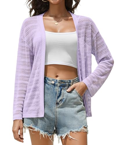 MISFAY Women's Crochet Cardigan Open Front Lightweight Cover Up Lavender — view 2