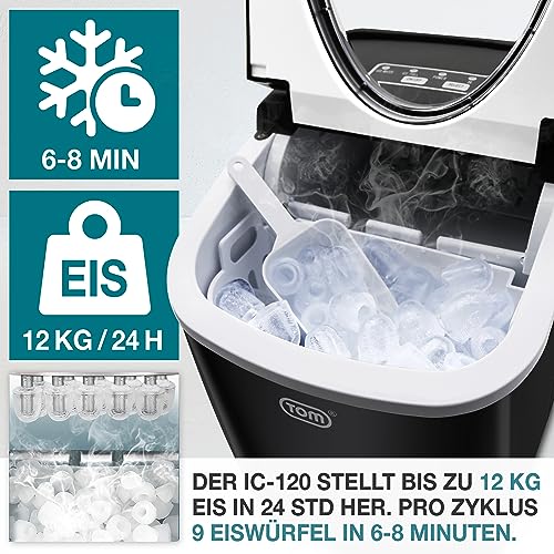 Foto von TOM Eiswürfelmaschine – 9 Eiswürfel in 6-8 min – 12 kg/24 h – 2 Würfelgrößen – Ice maker Eiswürfelmacher mit 1,3 l Wassertank – LED-Display – Inkl. Zubehör & Eiszange als Geschenk – Eiswürfelmaschine
