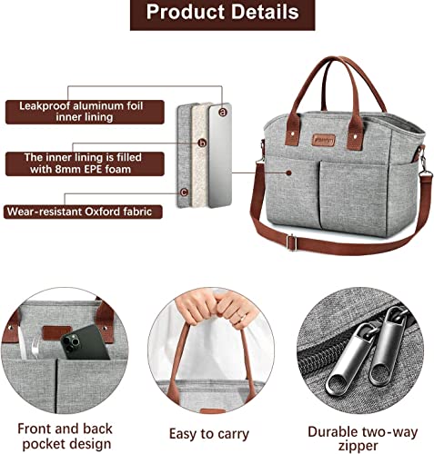 Lunch Bags For Women Insulated Thermal Lunch Tote Bag With Shoulder Strap Upgrade Large Lunch Box Container Drinks Holder For Adults Men Work College Picnic Beach Park, Gray #TOP3