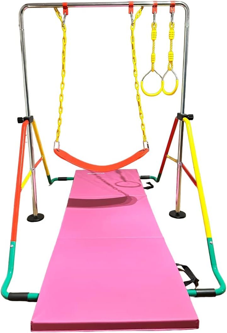 Gymnastics Training Bar for Kids Home Folding Expandable Kip Bar 5 in 1 Set + 6’x2’ Tumble Mat, Swing Seat, 2X Trapeze Rings, Horizontal Bar Junior Gymnastic Equipment Monkey Bars Jungle Gym Yellow