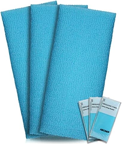 Exfoliating Washcloth Towel Japanese Washcloth Nylon Bath Wash Towel Korean Exfoliating Towel Beauty Washcloth Sponge Loofah Body Scrub Back Scrubber for Shower Cloth 3 Pack by ARCH&M (Blue x 3)