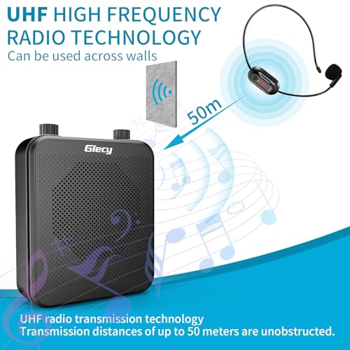 Giecy Sprachverstärker Tragbarer mit Kabellosem UHF-Mikrofon, 2800mAh Akku, MP3/TF/USB-Player, FM-Radio & Aufnahmefunktion für Lehrer, Führungen und Veranstaltungen