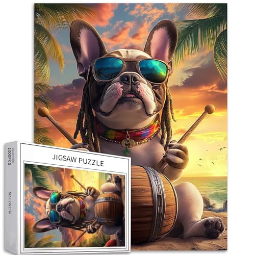 Adorable bouledogue français reggae de 1 000 pièces pour adultes – Puzzle de style culturel reggae – Puzzle d'activités familiales – Puzzle coloré pour décoration d'intérieur – Cadeaux de 50,8 x 68,6