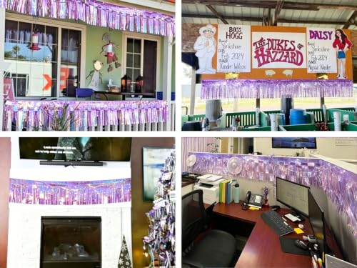 Image of 4 Pack Iridescent Purple Total 40 Feet Foil Fringe Garland Metallic Tinsel Banner Wall Hanging Drapes Parade Float Skirting Decorations for Trailer Mardi Gras Party Birthday Wedding