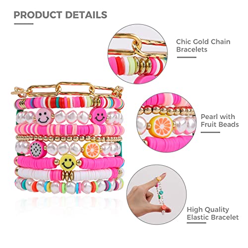 Colorful Heishi Surfer Bracelets Set for Women Stackable Clay Beaded Bracelets Disc Stretch Preppy Bracelets Smiley Face Friendship Bracelets Team Cheer Bulk Boho Summer Beach Jewelry Gift3
