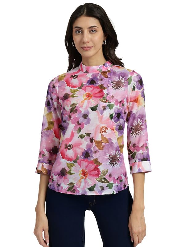Image of FableStreet Women Formal Top | Asymmetrical Button Placket Band Collar Three-Quarter Sleeves | Pure Cotton Smooth Fabric for Office & Workwear