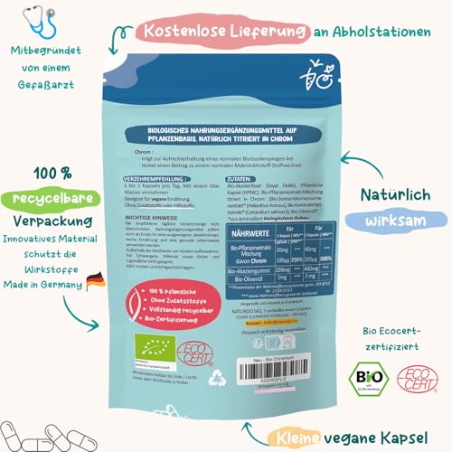 Bio Chrom : 100% Natürlich & Hochwertig | 60 Kapseln vegan hochdosiert für 1 bis 2 Monate | mit Bio-Koriander & Sonnenblumenextrakt | Blutzucker & Stoffwechsel für Männer und Frauen – Bild 4