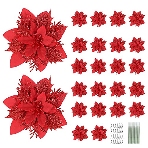 N&T NIETING Lot de 24 poinsettias de Noël à paillettes pour couronne de sapin de Noël, décoration d'intérieur ou d'extérieur Cover