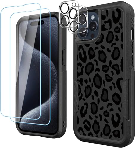 LOQUPE [5 in 1 for iPhone 15 Pro max Case,with 2 Pack Screen Protector + 2 Pack Camera Lens Protector,Heavy-Duty Tough Rugged Lightweight Slim Shockproof Protective Case for Women,Cute Leopard