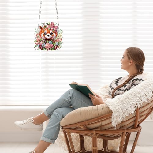 Image of AiYuanzsh Diamond Painting Hanging Pendant Kits Red Panda DIY Crystal Rhinestone Wreath Kits, Colored Point Crystal Diamond Art Window Pendants Home Garden Wall Door Birthday Festival Gifts