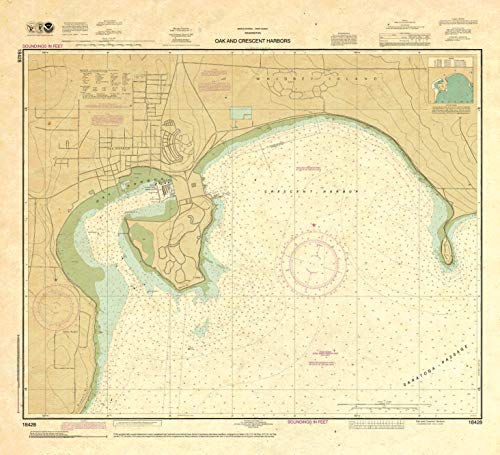 Paradise Cay Publications Antiqued NOAA Chart 18428: Oak and Crescent Harbors