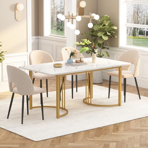 STAPERFO Tavolo da pranzo 140 x 80 cm, effetto marmo, bianco con gambe in metallo dorato regolabili, tavolo da pranzo rettangolare per 6 persone, elegante tavolo da soggiorno in bianco/oro