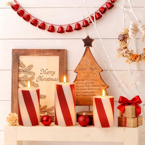 Image of Eldnacele Christmas Candy Cane Stripe Flameless Candles with Remote and Timer, Battery Operated 3D Wick Flickering Real Wax Stripe Glitter Pillar LED Candles Holiday Xmas Decor (3Pcs, D3xH4 /5 inch /6 inch)
