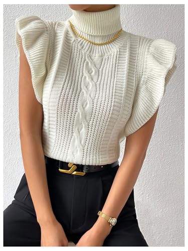 Floerns Women's Ruffle Trim Cable Knit Sweater Vest Turtleneck Sleeveless Tank Tops3