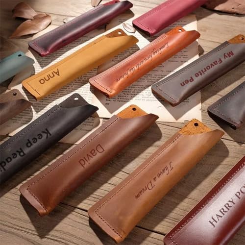 Image of Personalized Genuine Leather Pen Case Holder, Customziable Name or phrase Pens Fountain Pouch Cover, Large Double Pencils Protective Sleeve
