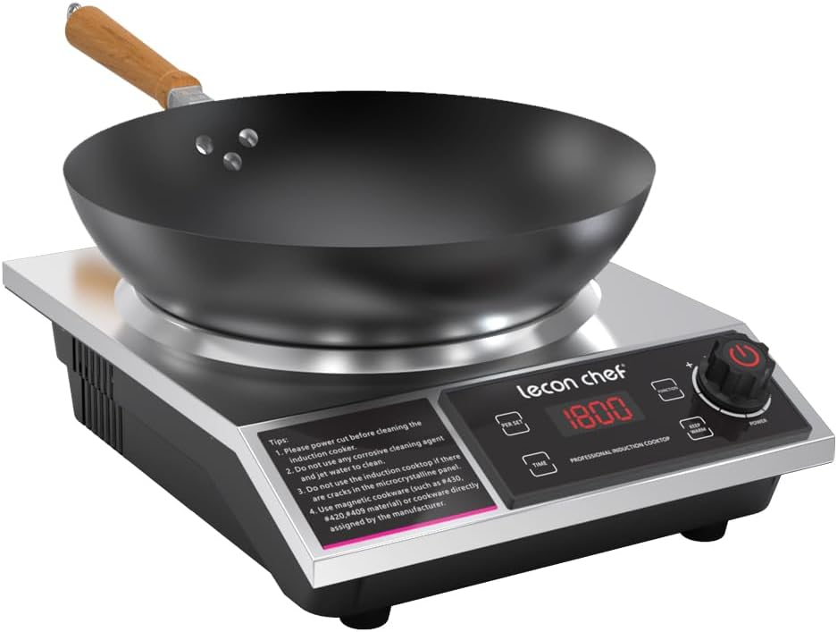 leconchef Induction Cooker with Wok 1800W Professional Electric Induction Burner with 11-Level Setting for Cooking,24-hour Timer and Preset,Keep warm,14" Carbon Steel Wok Included