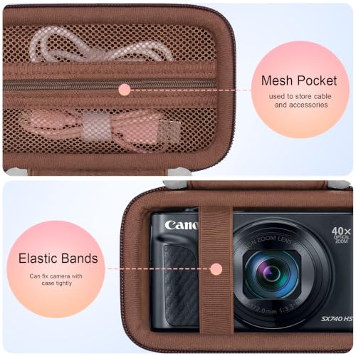 Image of Elonbo Carrying Case for Canon Powershot SX740 HS / SX730 HS /SX720 HS Camera | Canon SX740 Camera Case, Hard Bag, with Mesh Pocket Wrist Strap Double Zipper, for Vlogging Travel Protective Storage, Brown