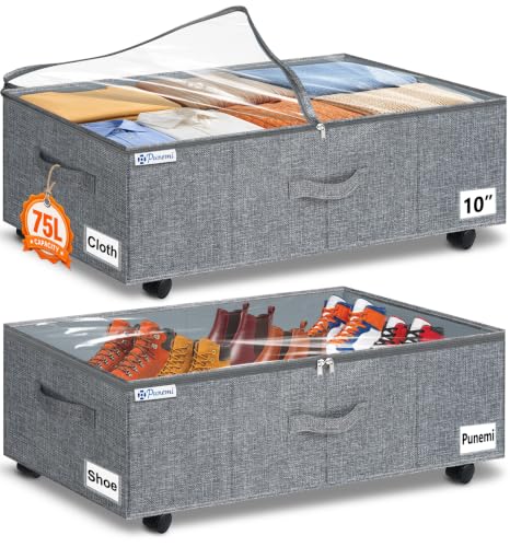 Image of punemi 10 inch Tall 75L Under Bed Storage Bins with Wheels, 2-Pack, Gray | 5-Wheel Rolling Organizers with Clear Lids, for Clothes, Shoes and Blankets, Underbed, Closet & Dorm Organizataion