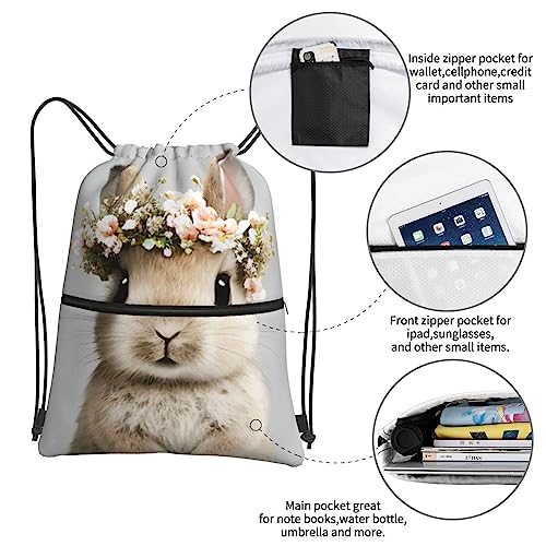 Dujiea Drawstring Backpack, Adjustable Bunny In Floral Bouquet Gym Bag Sackpack Cinch Sports Backpack For Men Women Shopping Yoga Swimming Traveling4