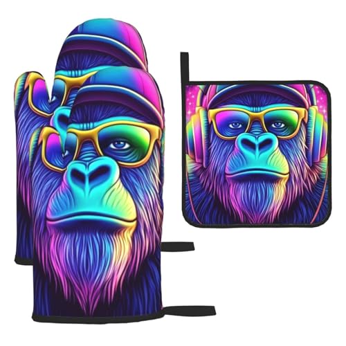 Fun Gorilla Dj Neon guanti da forno e presine – Set di 3 guanti da cucina per cottura alla griglia