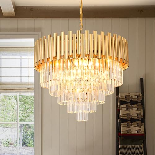 KUNYEEE Modern Kristall Pendelleuchte Gold Kronleuchter, Rund Kristall Hängeleuchte, Häengelampe für Wohnzimmer, Esszimmer,Schlafzimmer, Restaurant, E14 x 8, Ø60 cm