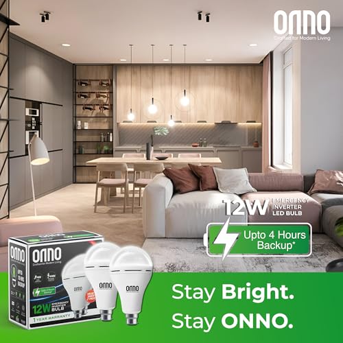 Image of ONNO 9W /12W Rechargeable Emergency Inverter LED Bulb | (Pack of 2, White) I Cool Day Light | Upto 4 Hours Battery | 3 Dimmable Modes | B22D | 1 Year - Warranty (12.0, Watts)