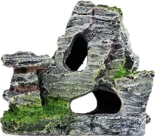Resin Aquarium Mountain Decor with Moss Rock Cave - Multi-Level Terrain for Fish Tank Landscaping...